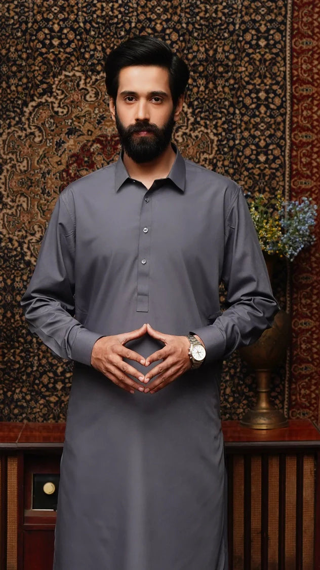 Picture of Maqsood Garments - Collar Wash & Wear Men's Shalwar Kameez - Grey - Available at Raja Sahib