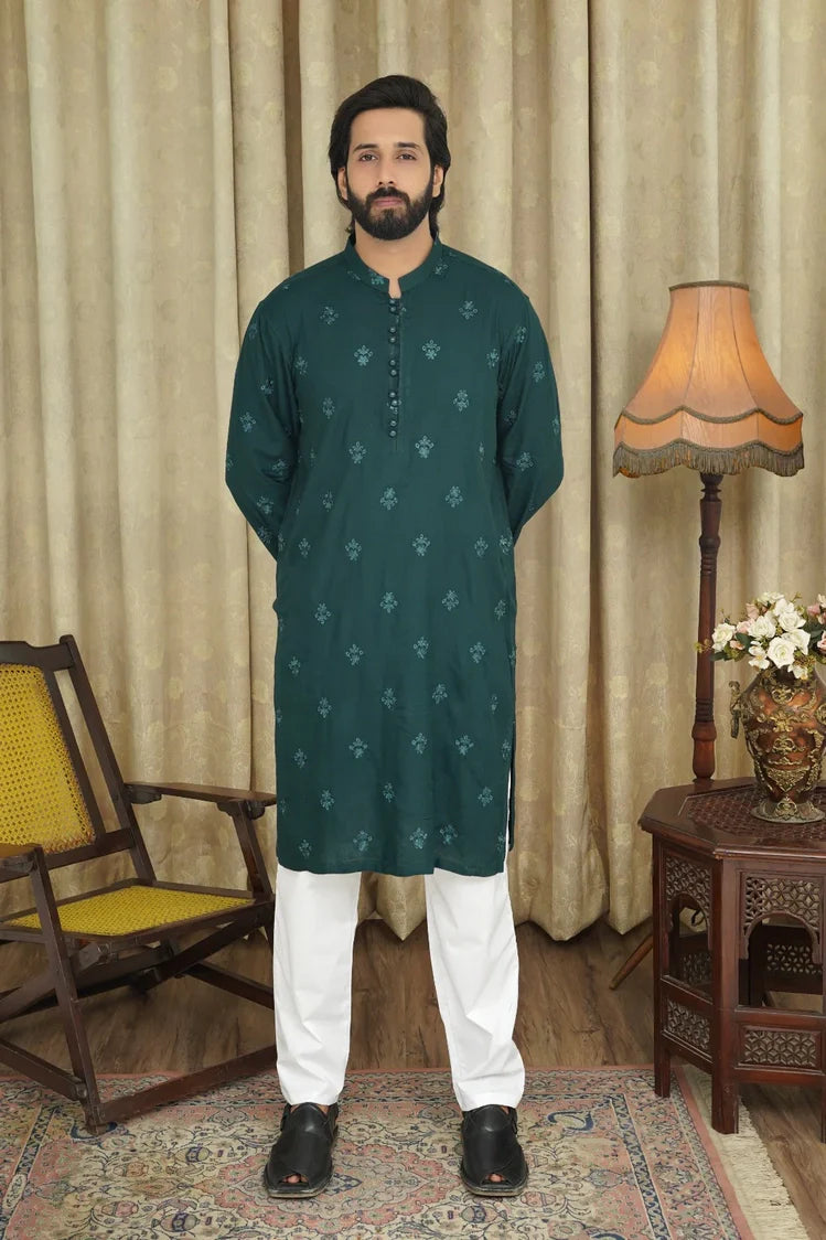 Picture of Maqsood Garments - Embroidered Men's Kurta - Dark Green - Available at Raja Sahib