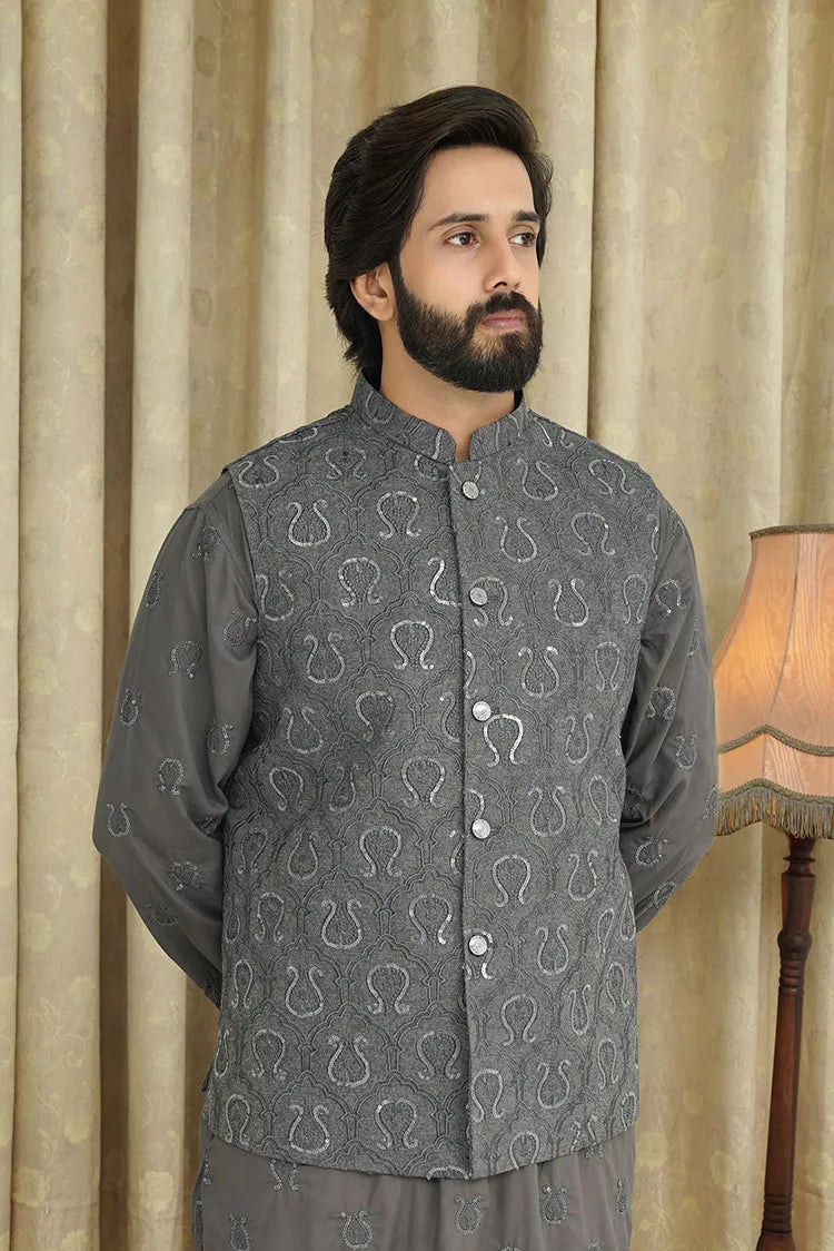 Picture of Maqsood Garments - Sequence Embroidery Men's Waistcoat - Grey - Available at Raja Sahib
