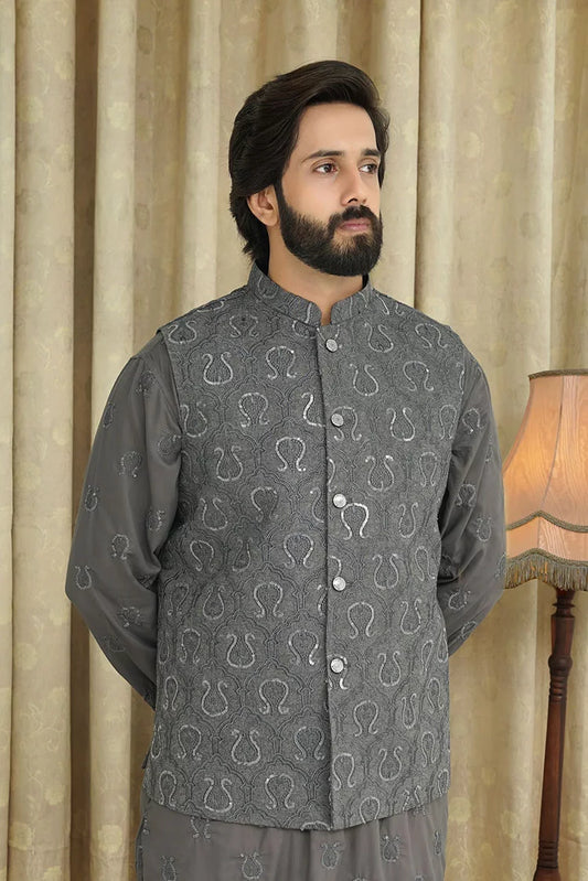 Picture of Maqsood Garments - Sequence Embroidery Men's Waistcoat - Grey - Available at Raja Sahib