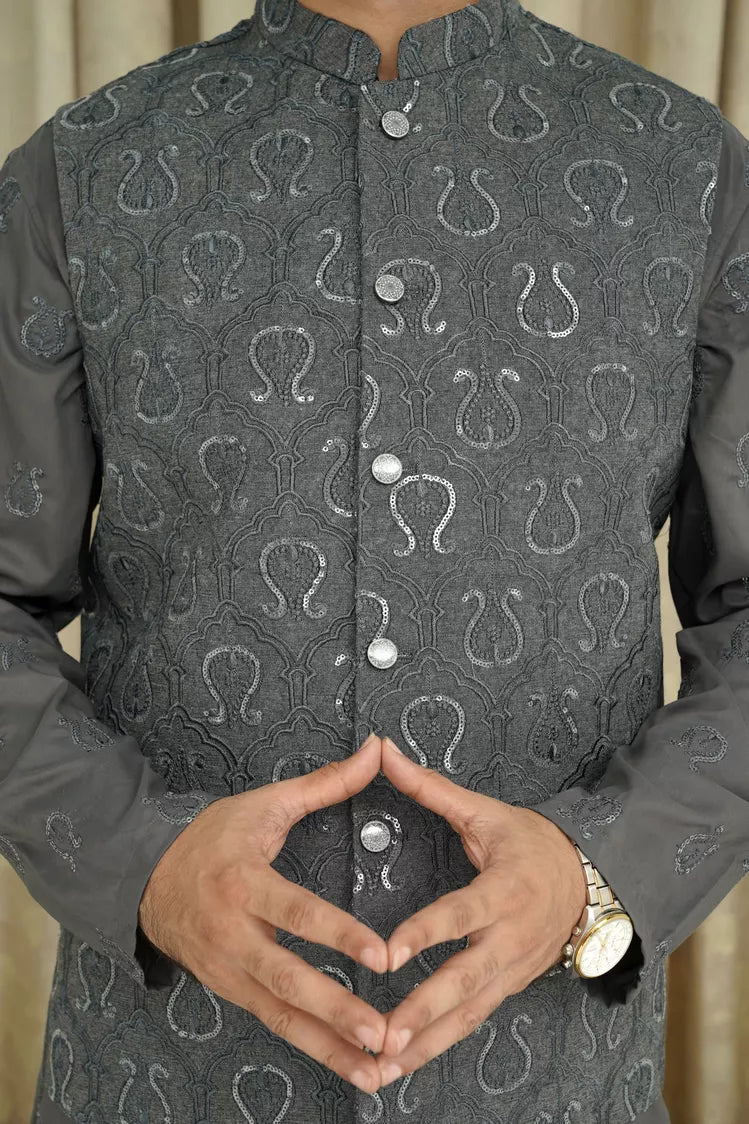 Picture of Maqsood Garments - Sequence Embroidery Men's Waistcoat - Grey - Available at Raja Sahib