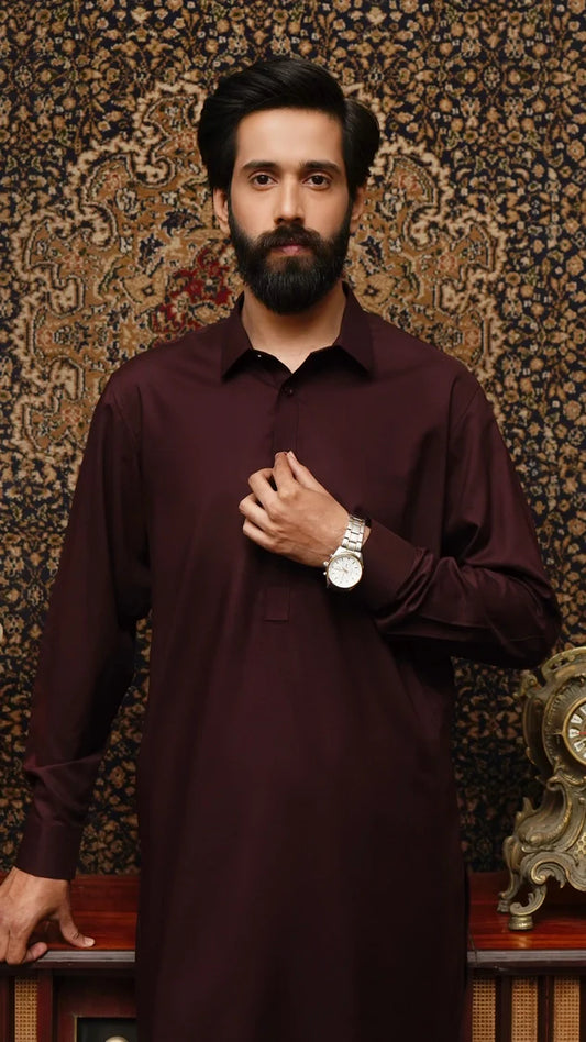 Picture of Maqsood Garments - Collar Wash & Wear Men's Shalwar Kameez - Maroon - Available at Raja Sahib