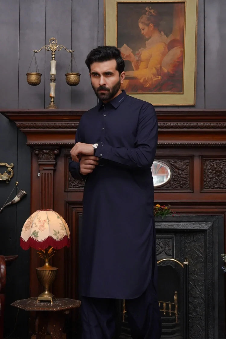 Picture of Maqsood Garments - Men's Wash & Wear Shalwar Kameez With Collar - Navy Blue - Available at Raja Sahib