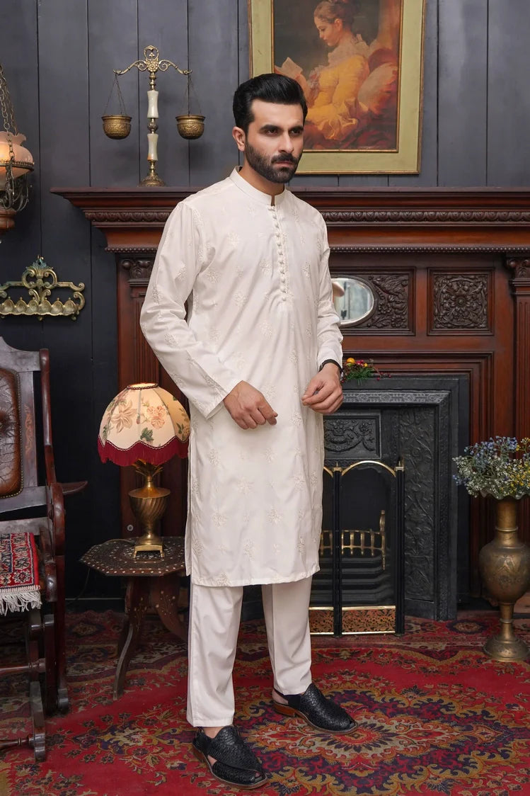 Picture of Maqsood Garments - Men's Kameez Shalwar - Boski Off White - Available at Raja Sahib