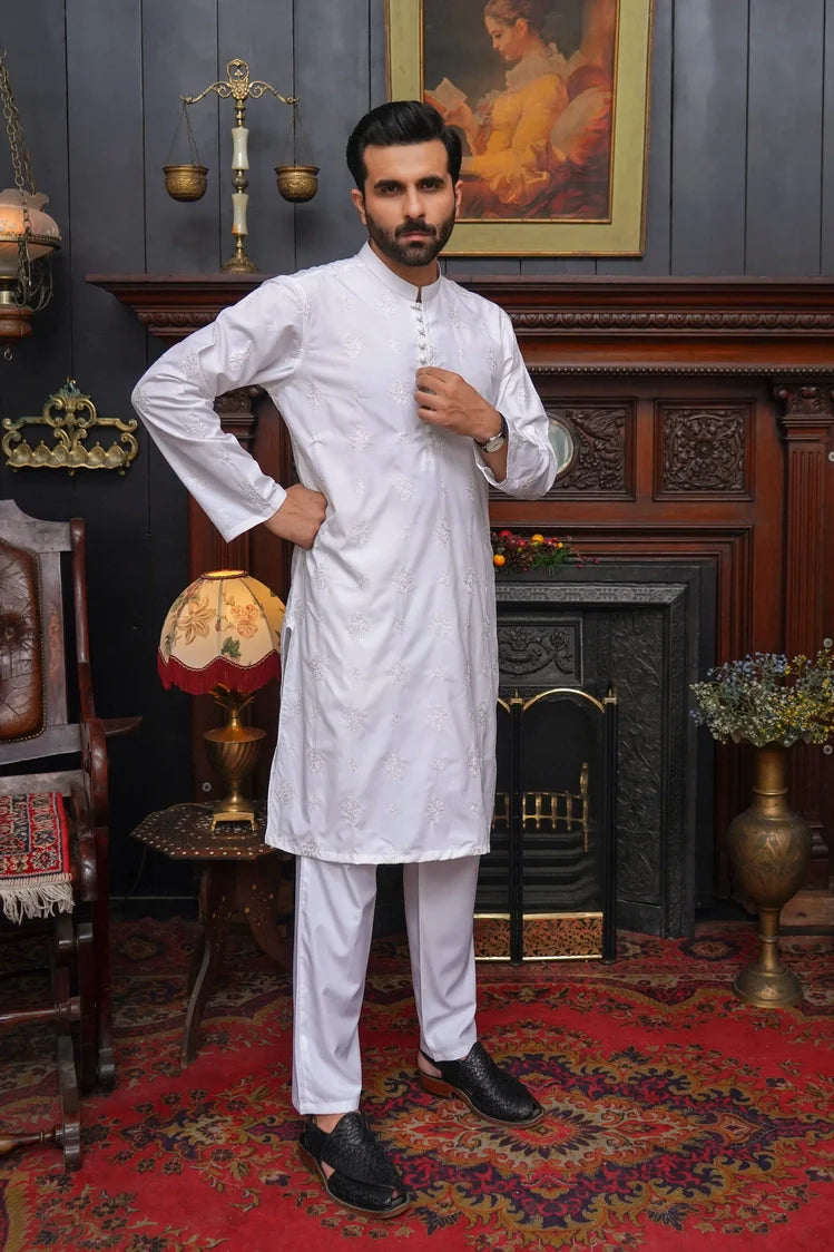 Picture of Maqsood Garments - Men's Kameez Shalwar - Boski White - Available at Raja Sahib