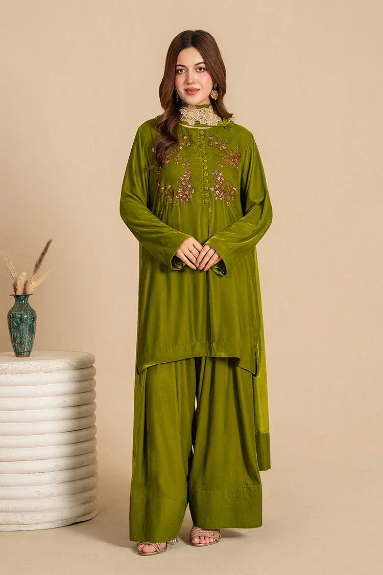 Picture of Stitch Vibes - Evening Olive Dress - Available at Raja Sahib