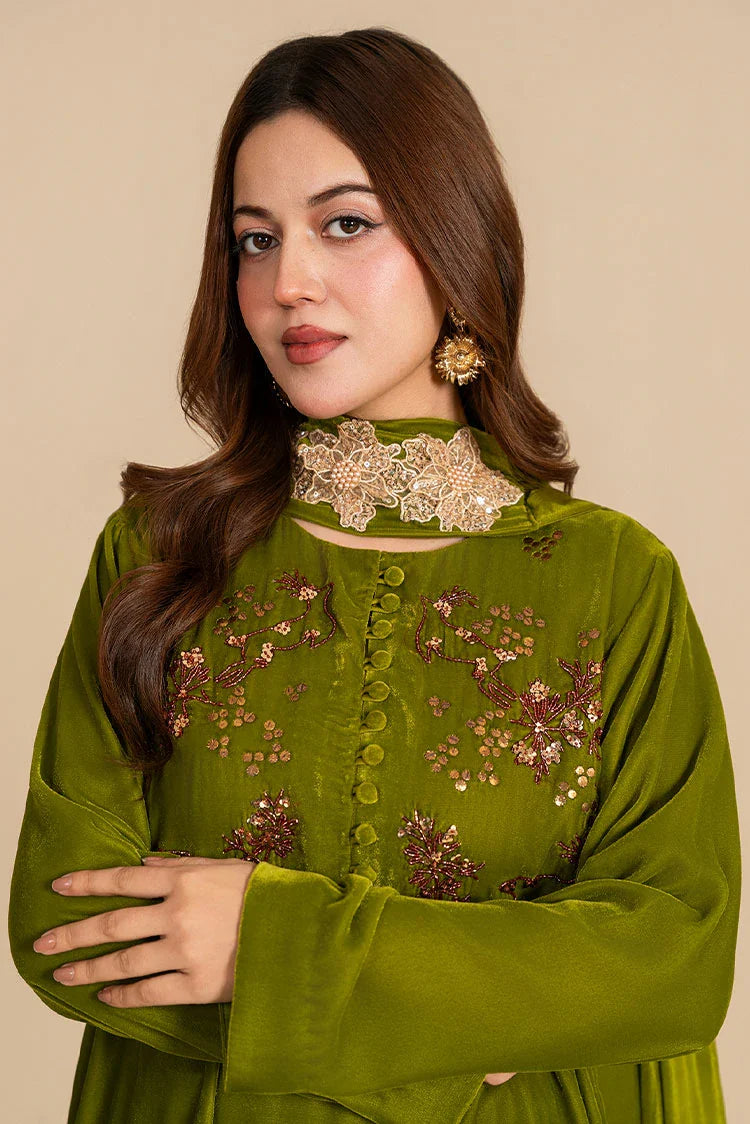 Picture of Stitch Vibes - Evening Olive Dress - Available at Raja Sahib