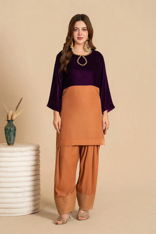 Picture of Stitch Vibes - Gold Color Block Velvet Dress - Available at Raja Sahib