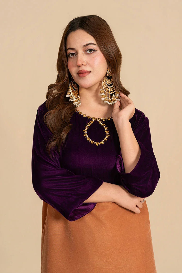 Picture of Stitch Vibes - Gold Color Block Velvet Dress - Available at Raja Sahib