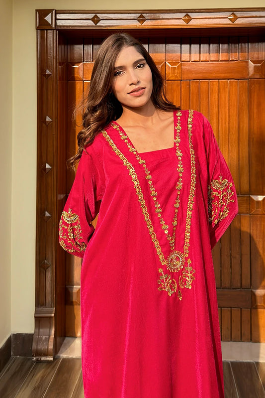 Picture of Ombrella - Velvet collection - Kaftan Cherry pink - Available at Raja Sahib