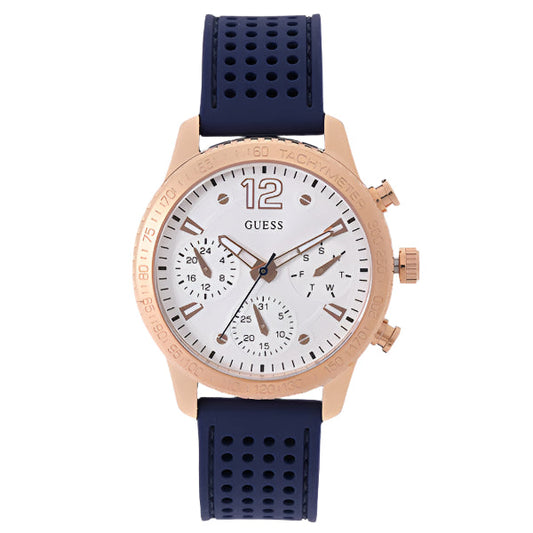 Guess Marina Blue Silicone Strap Silver Dial Chronograph Quartz Watch for Ladies - W1025L4