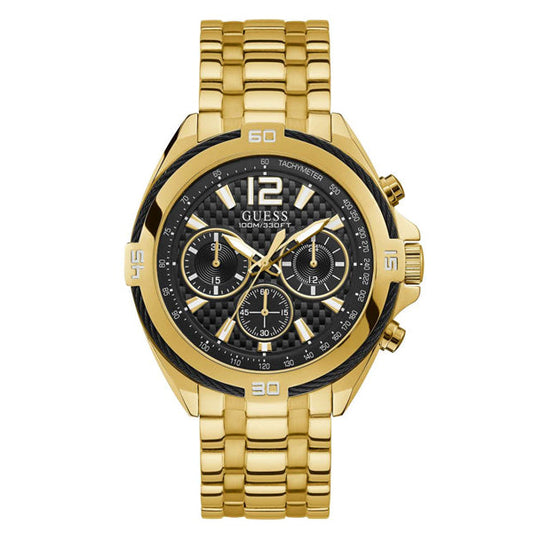 Guess Surge Gold Stainless Steel Black Dial Chronograph Quartz Watch for Gents - W1258G2