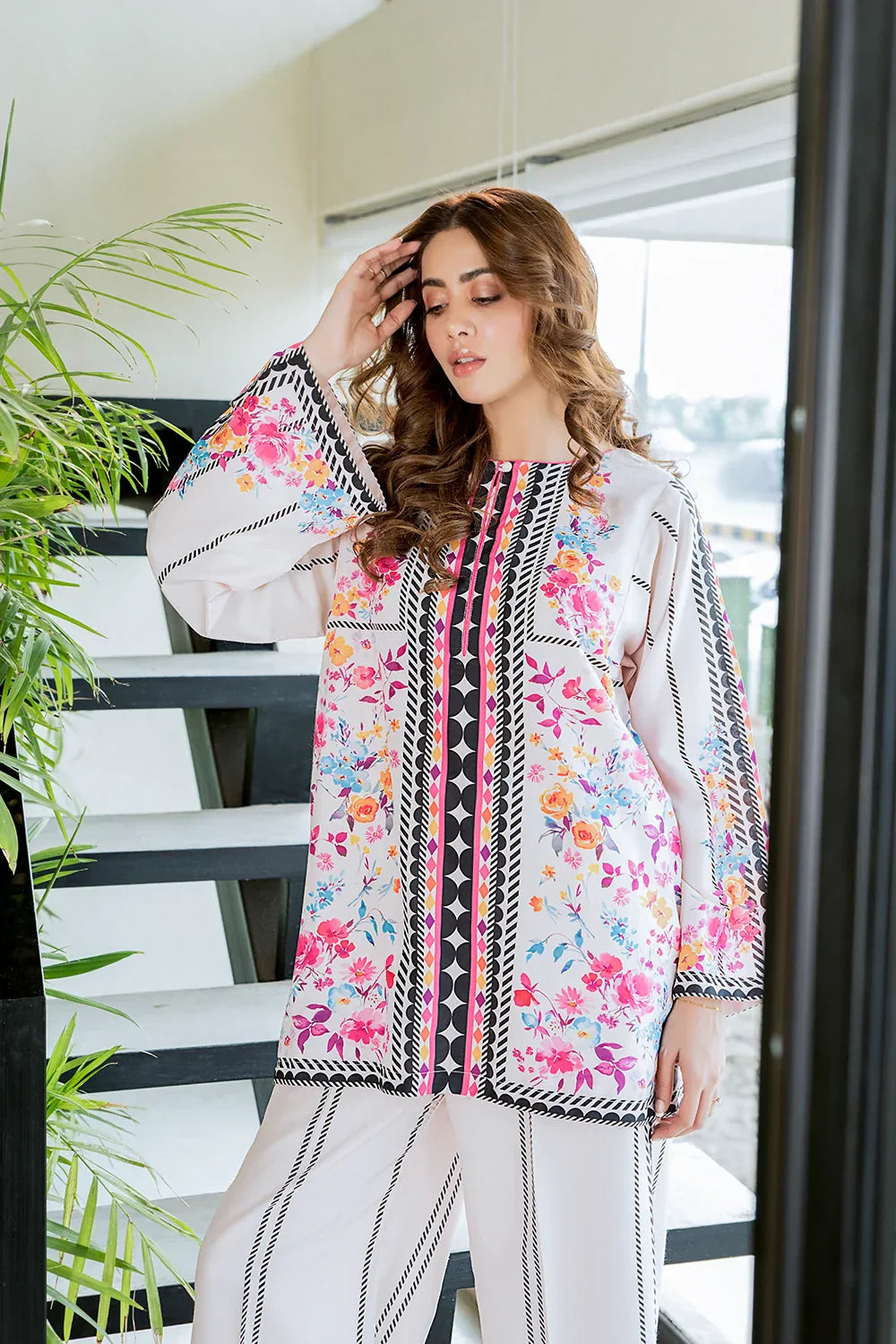 Picture of Ellena - Ivory Water Floral Fusion Print Co-Ord Set - Available at Raja Sahib