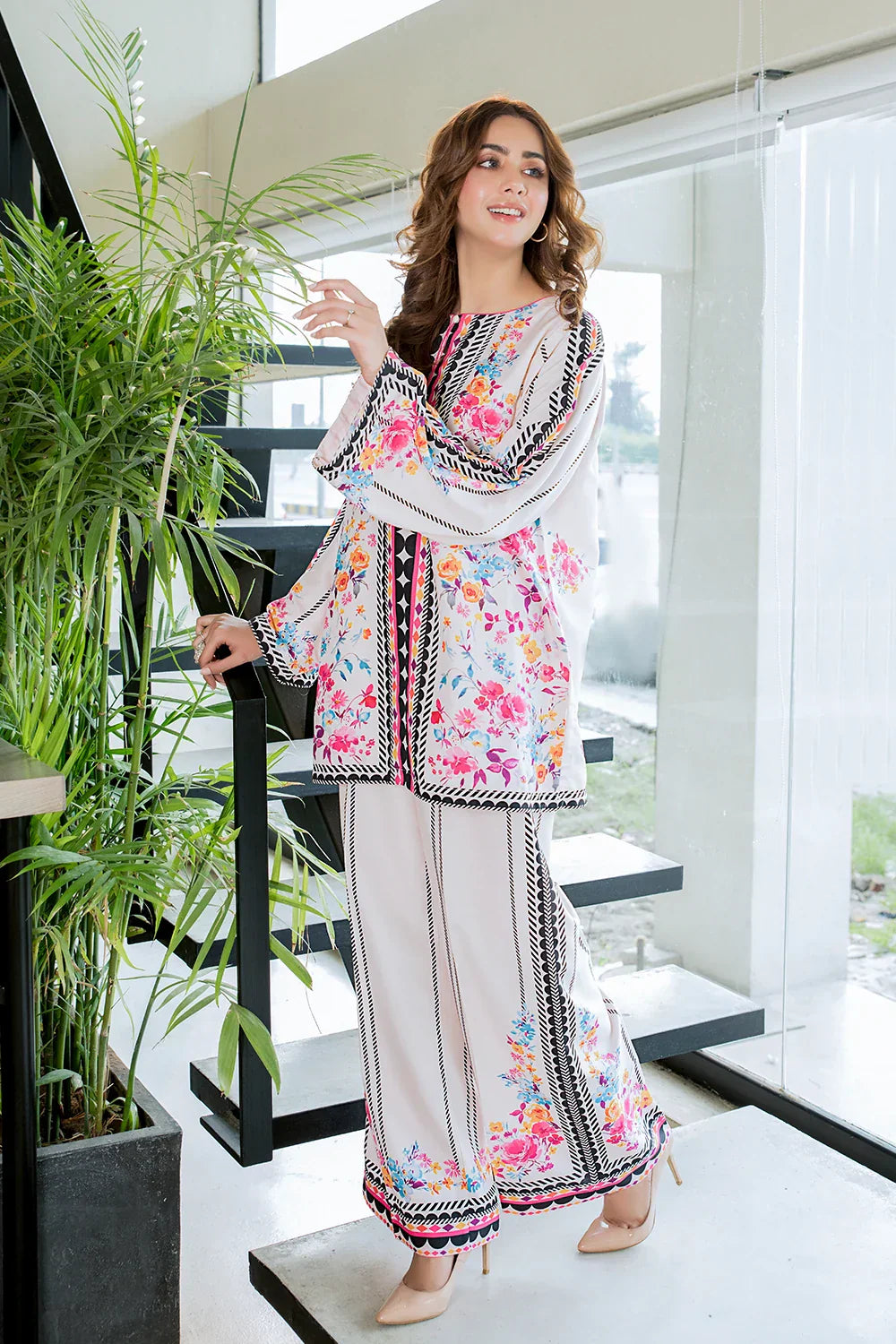 Picture of Ellena - Ivory Water Floral Fusion Print Co-Ord Set - Available at Raja Sahib