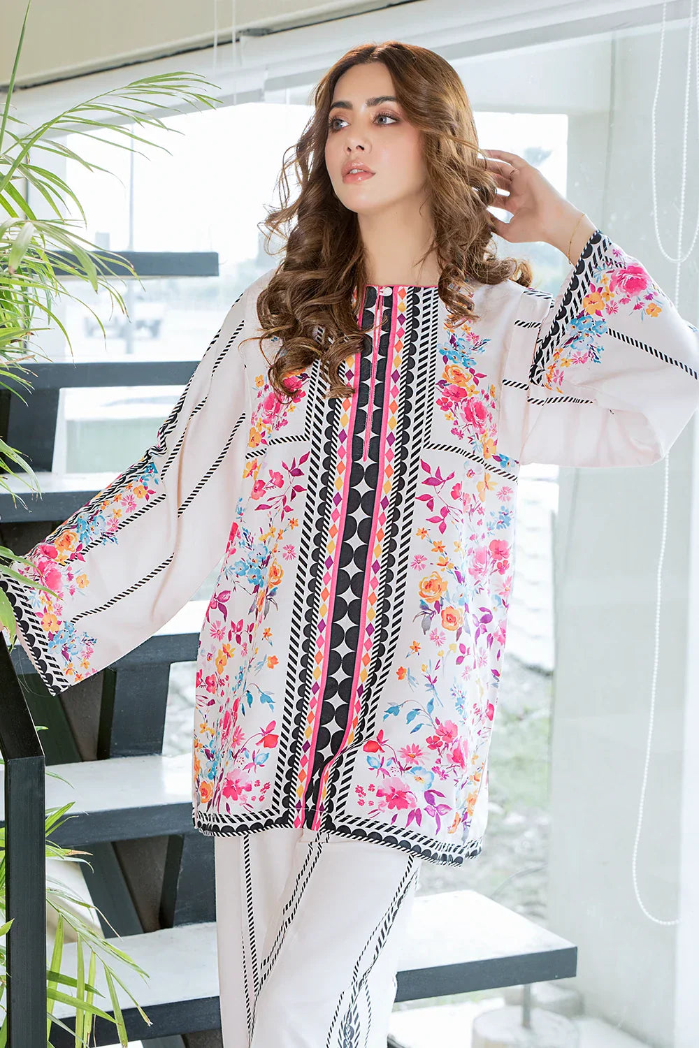 Picture of Ellena - Ivory Water Floral Fusion Print Co-Ord Set - Available at Raja Sahib
