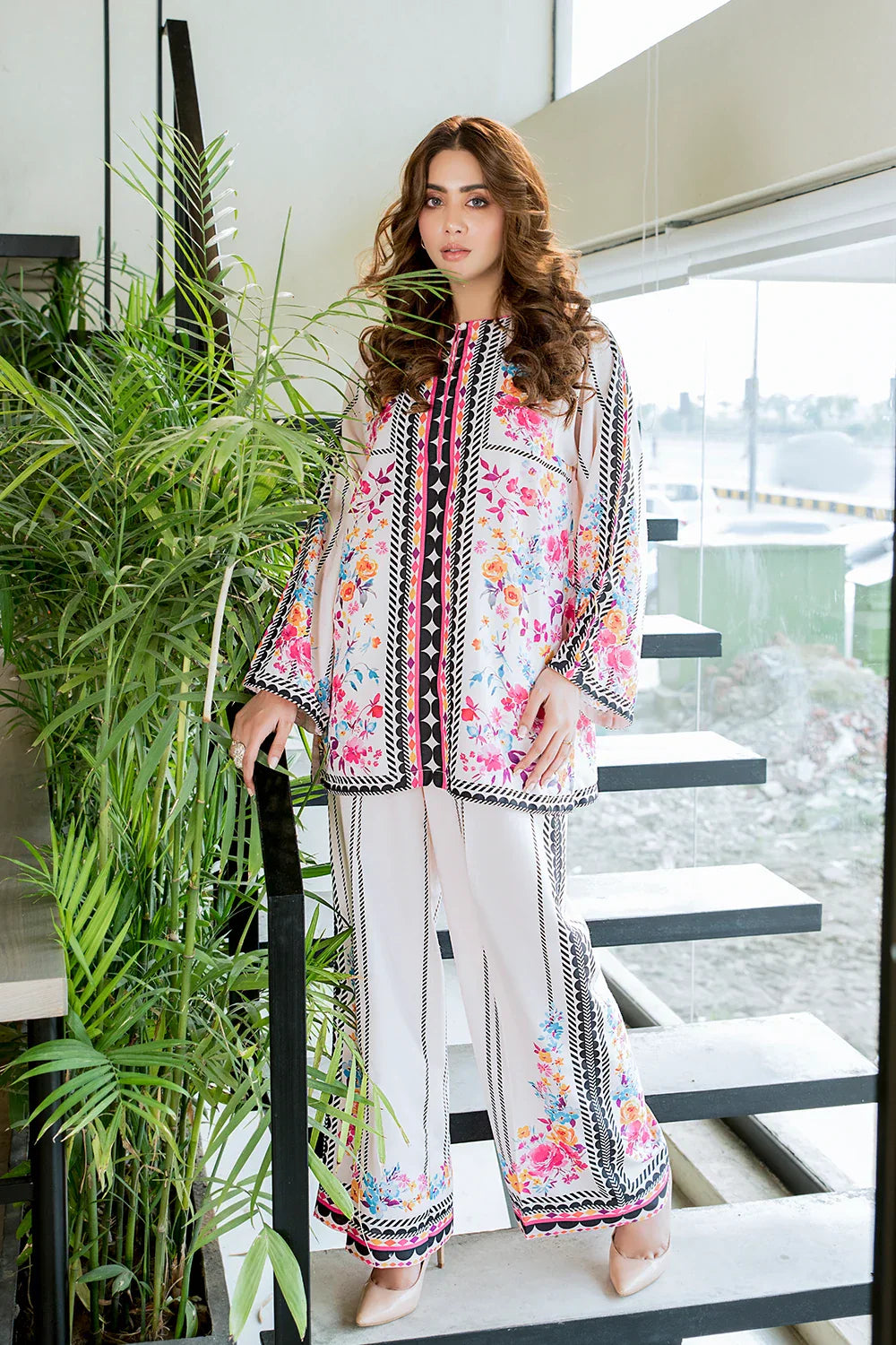 Picture of Ellena - Ivory Water Floral Fusion Print Co-Ord Set - Available at Raja Sahib