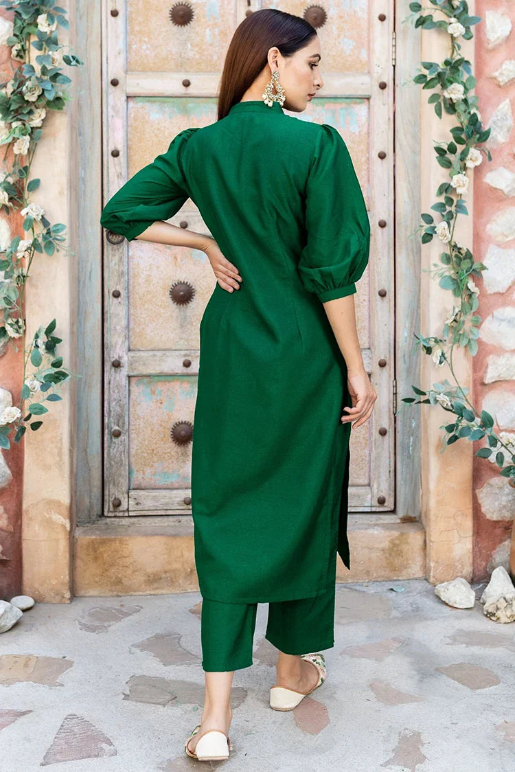Picture of Zeek - Green Katan Silk Set - D2011 - Available at Raja Sahib
