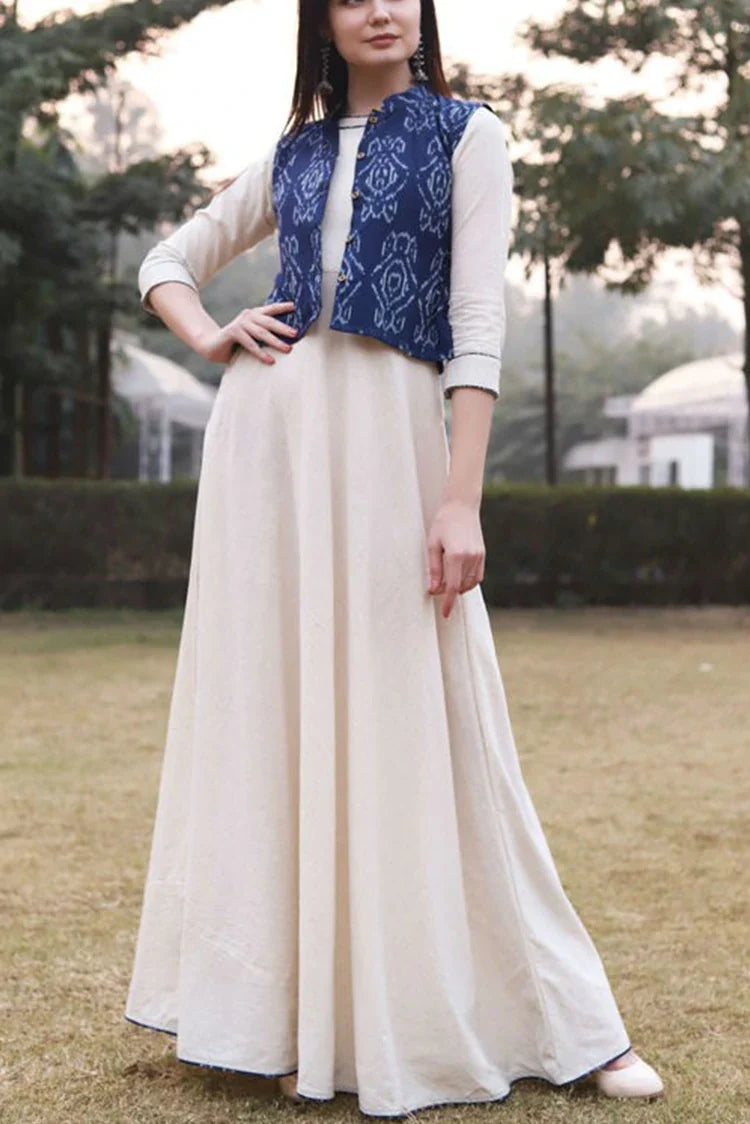 Picture of Zeek - White Dress With Ikat Jacket - D2030 - Available at Raja Sahib