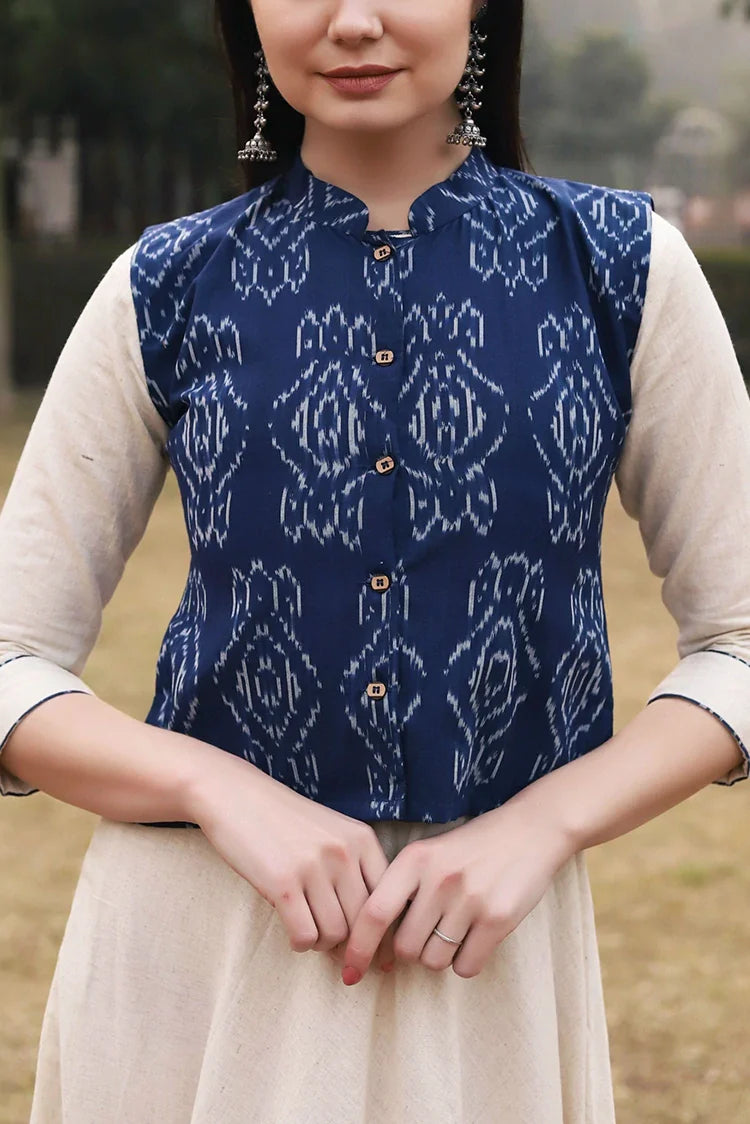 Picture of Zeek - White Dress With Ikat Jacket - D2030 - Available at Raja Sahib