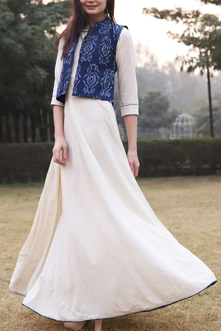 Picture of Zeek - White Dress With Ikat Jacket - D2030 - Available at Raja Sahib
