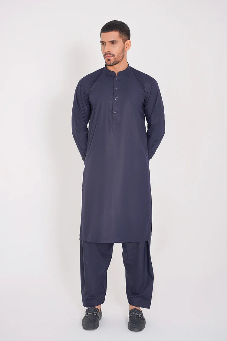 Picture of Stitched Navy Blue Blended Plain Dress with Band Collar - Available at Raja Sahib