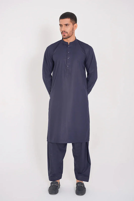 Picture of Stitched Navy Blue Blended Plain Dress with Band Collar - Available at Raja Sahib