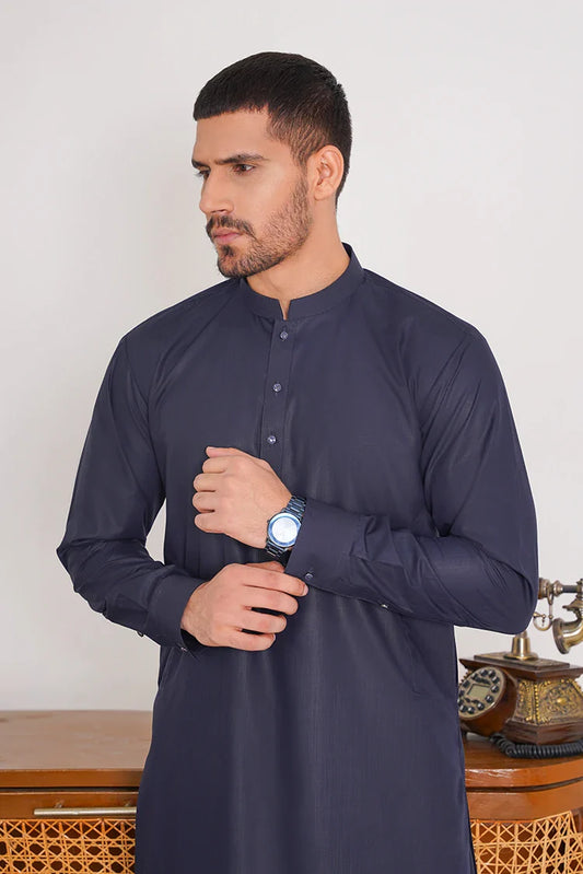 Picture of Stitched Navy Blue Blended Plain Dress with Band Collar - Available at Raja Sahib