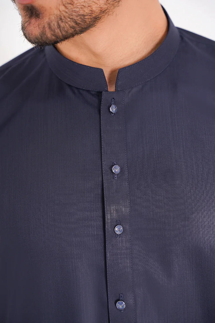 Picture of Stitched Navy Blue Blended Plain Dress with Band Collar - Available at Raja Sahib