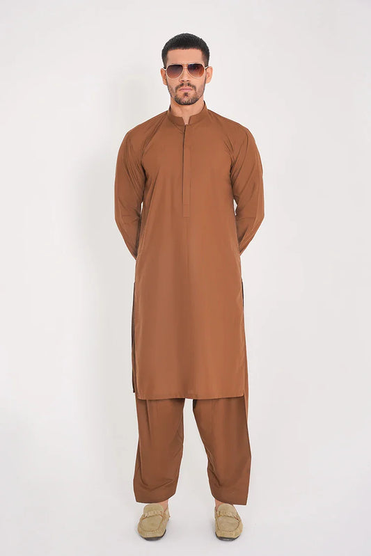 Picture of Tan Brown Blended Stitched Suit with Band Collar and Full Sleeves - Available at Raja Sahib