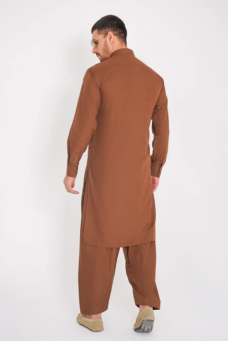 Picture of Tan Brown Blended Stitched Suit with Band Collar and Full Sleeves - Available at Raja Sahib