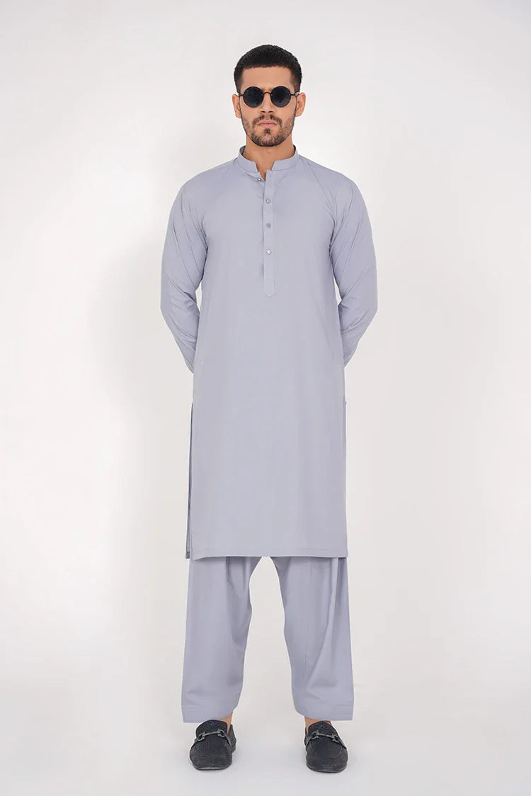 Picture of Light Grey Blended Stitched Dress with Band Collar - Available at Raja Sahib