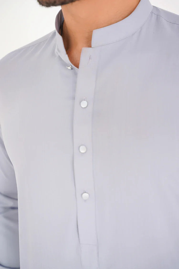 Picture of Light Grey Blended Stitched Dress with Band Collar - Available at Raja Sahib