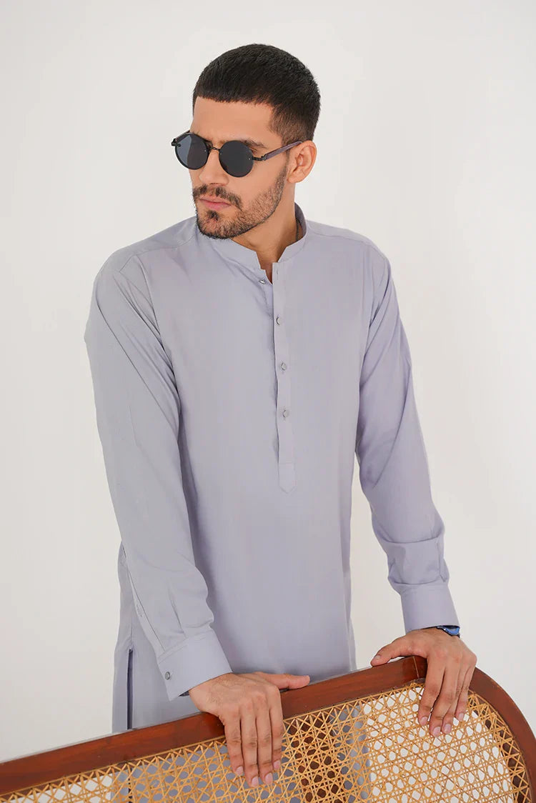 Picture of Light Grey Blended Stitched Dress with Band Collar - Available at Raja Sahib