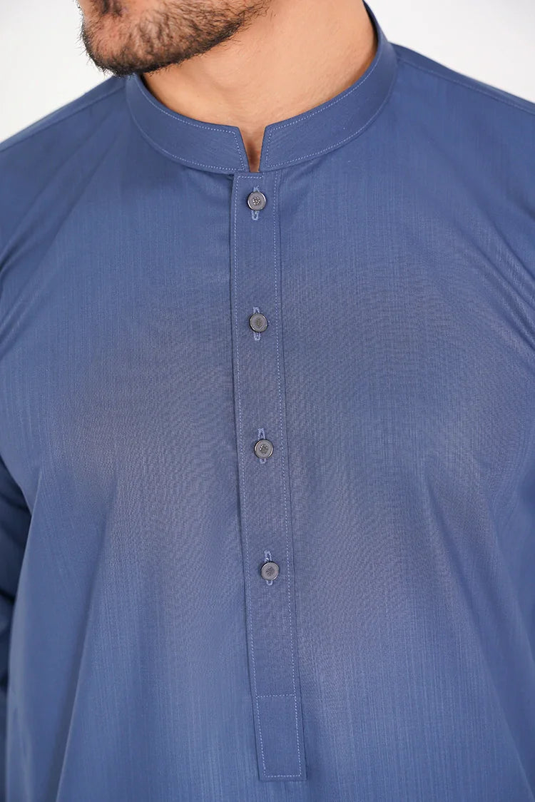 Picture of Royal Blue Stylish Blended 2 Pc Dress with Band Collar - Available at Raja Sahib