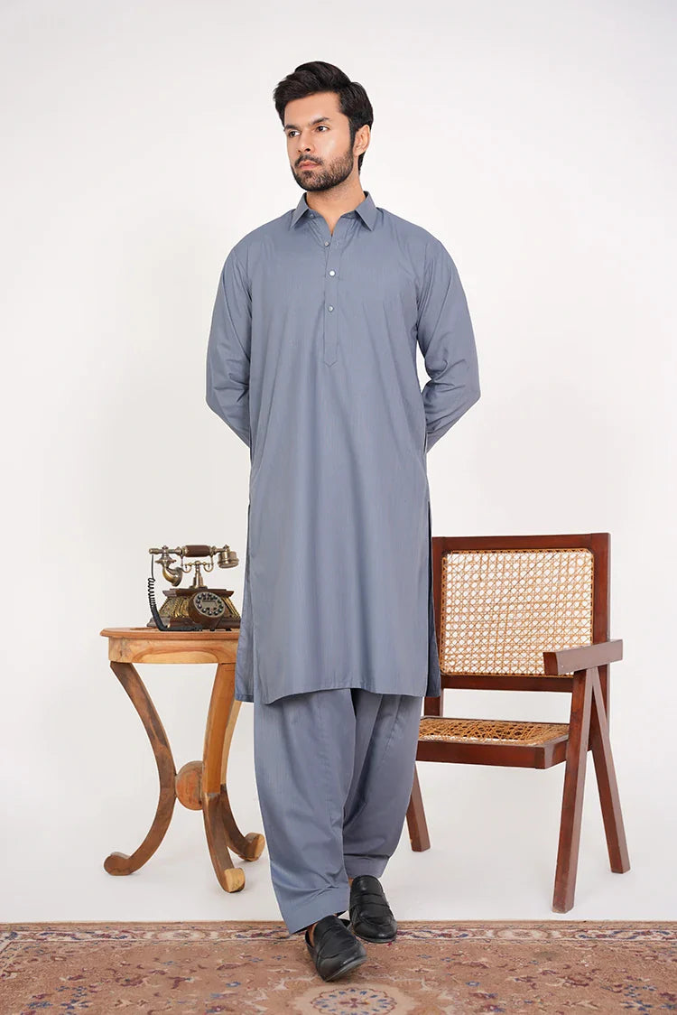 Picture of Slate Blue Blended Dress with Shirt Collar and Button - Available at Raja Sahib