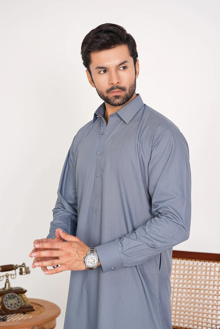 Picture of Slate Blue Blended Dress with Shirt Collar and Button - Available at Raja Sahib