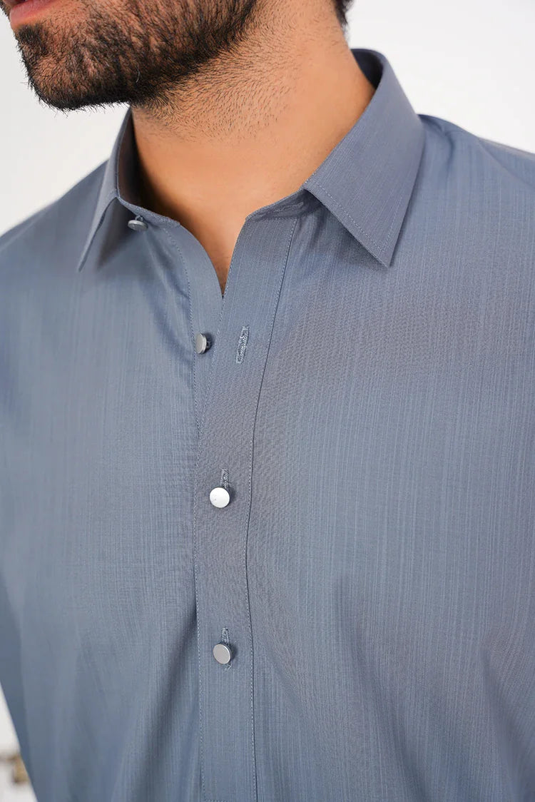 Picture of Slate Blue Blended Dress with Shirt Collar and Button - Available at Raja Sahib