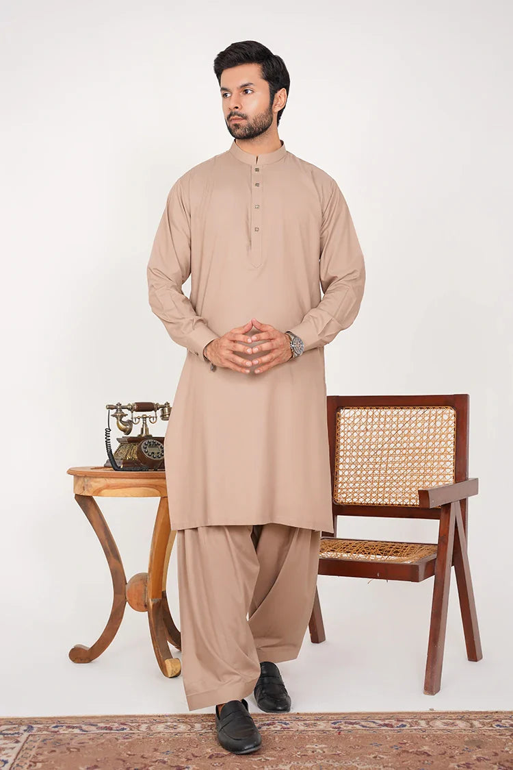 Picture of Khaki Blended Dress with Band Collar and Buttoned Placket - Available at Raja Sahib