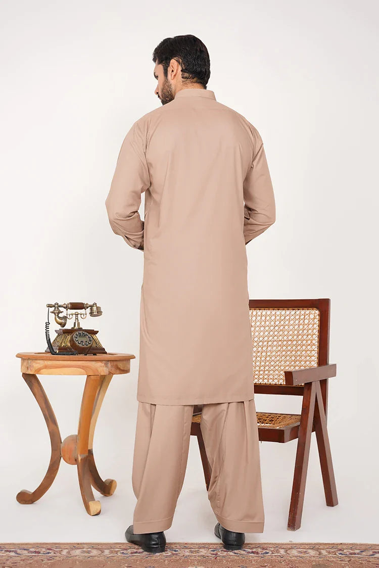 Picture of Khaki Blended Dress with Band Collar and Buttoned Placket - Available at Raja Sahib