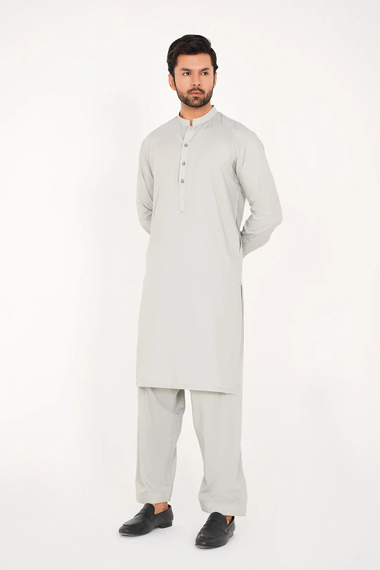 Picture of Ash Grey Blended Stitched 2 Pc with Band Collar and Buttoned Placket - Available at Raja Sahib