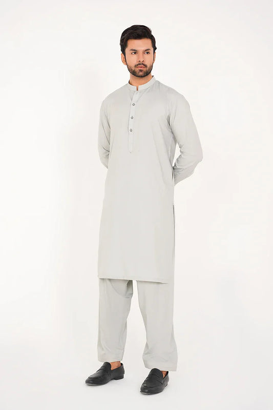 Picture of Ash Grey Blended Stitched 2 Pc with Band Collar and Buttoned Placket - Available at Raja Sahib