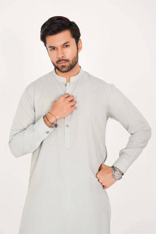 Picture of Ash Grey Blended Stitched 2 Pc with Band Collar and Buttoned Placket - Available at Raja Sahib
