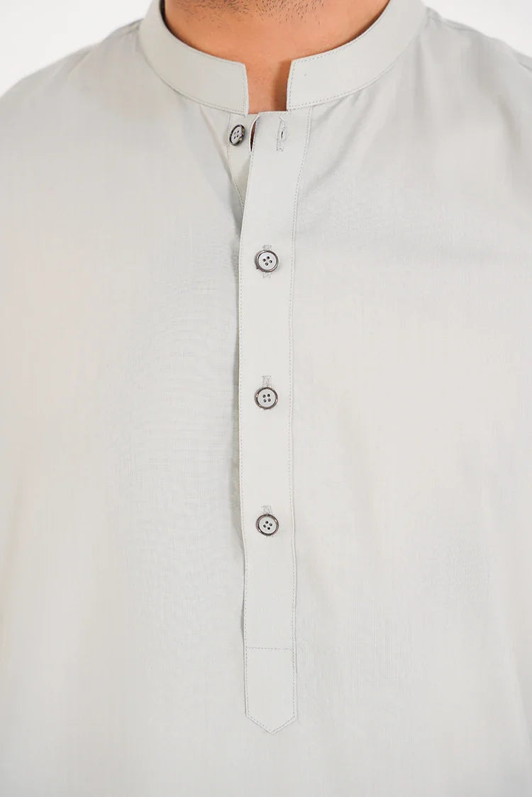 Picture of Ash Grey Blended Stitched 2 Pc with Band Collar and Buttoned Placket - Available at Raja Sahib
