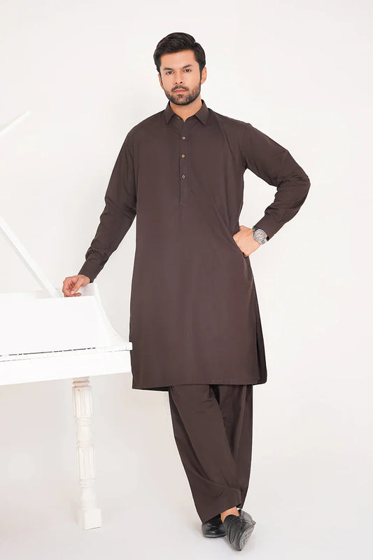 Picture of Coffee Brown Blended Stitched Suit with Collar and Buttoned Placket - Available at Raja Sahib