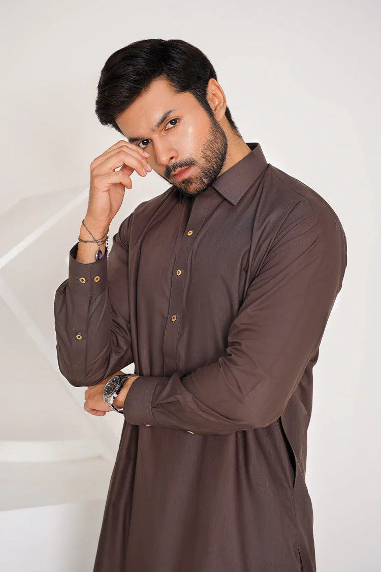 Picture of Coffee Brown Blended Stitched Suit with Collar and Buttoned Placket - Available at Raja Sahib
