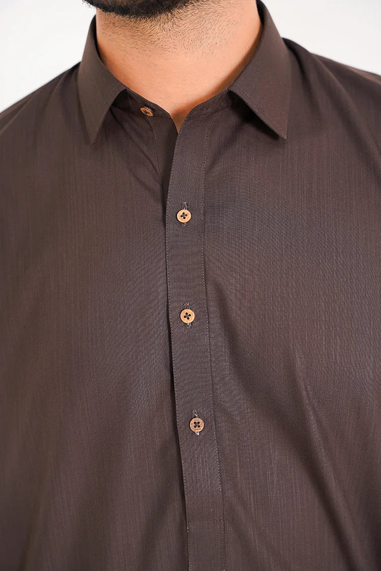 Picture of Coffee Brown Blended Stitched Suit with Collar and Buttoned Placket - Available at Raja Sahib