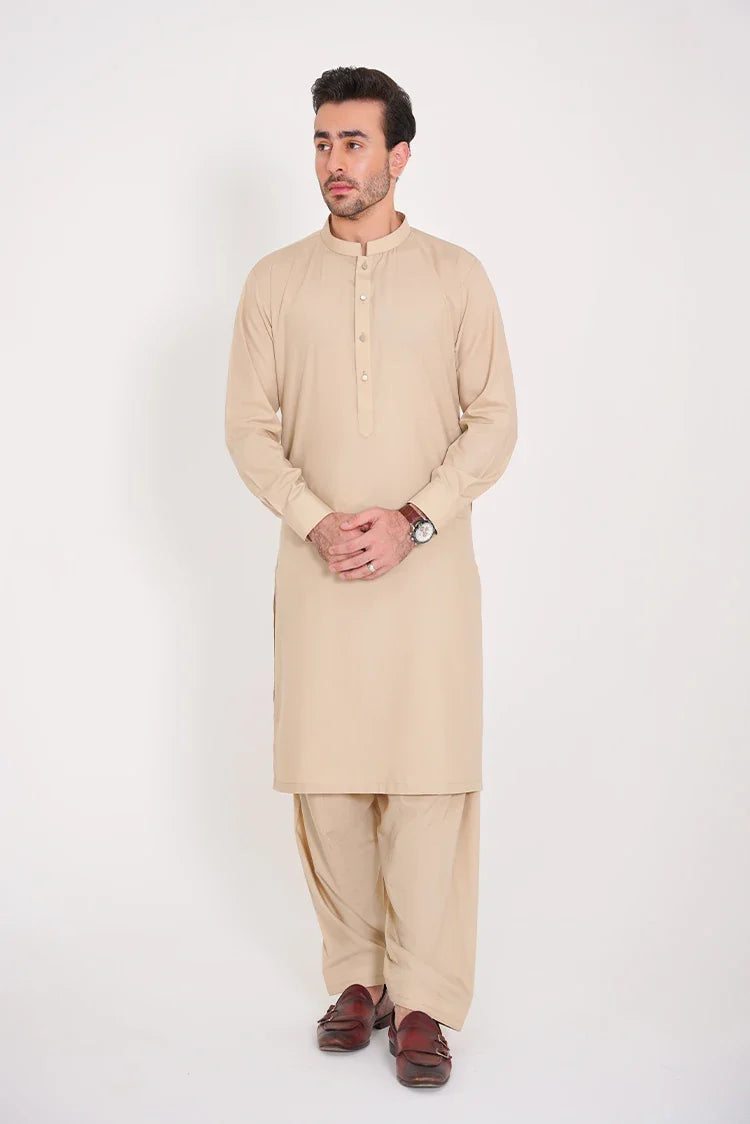 Picture of Light Beige Blended Suit Set for Men Band Collar - Available at Raja Sahib