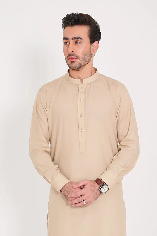 Picture of Light Beige Blended Suit Set for Men Band Collar - Available at Raja Sahib