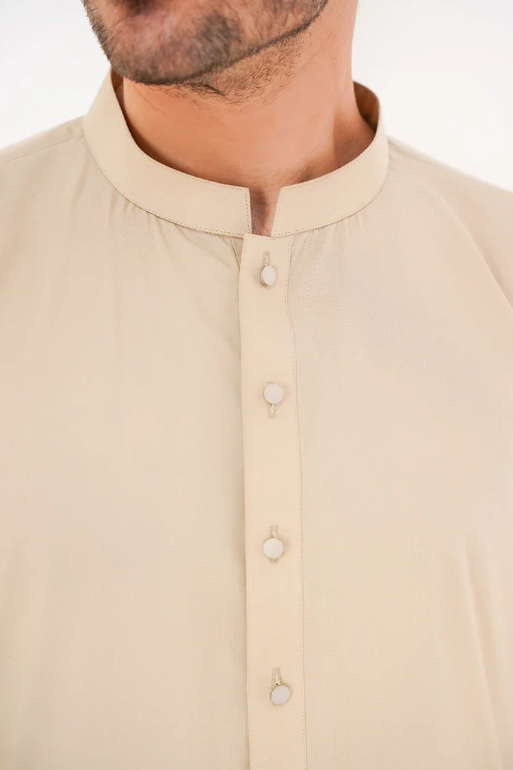 Picture of Light Beige Blended Suit Set for Men Band Collar - Available at Raja Sahib