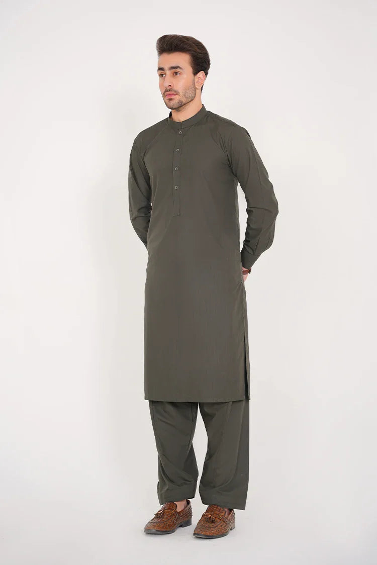 Picture of Olive Green Suit for Men Blended Fabric, Band Collar - Available at Raja Sahib